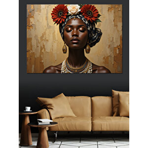 Çiçekli Afrikalı  Portresi Dekoratif Kanvas - Mdf Ahşap Tablo 70x100 cm