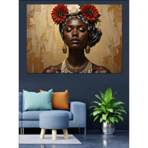 Çiçekli Afrikalı  Portresi Dekoratif Kanvas - Mdf Ahşap Tablo 70x100 cm