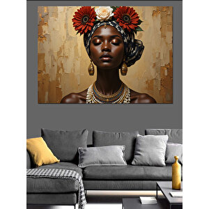 Çiçekli Afrikalı  Portresi Dekoratif Kanvas - Mdf Ahşap Tablo 35x50 cm
