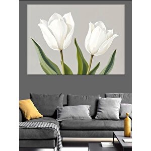 Beyaz Lale Çiçekleri Dekoratif Kanvas - Mdf Ahşap Tablo 100x140 cm