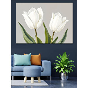 Beyaz Lale Çiçekleri Dekoratif Kanvas - Mdf Ahşap Tablo