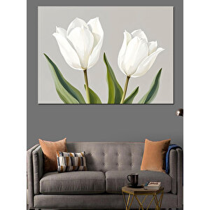 Beyaz Lale Çiçekleri Dekoratif Kanvas - Mdf Ahşap Tablo