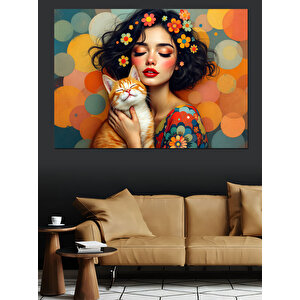 Çiçekli Kadın Ve Kedi Dekoratif Kanvas - Mdf Ahşap Tablo 100x140 cm
