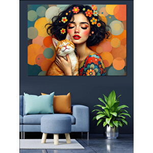 Çiçekli Kadın Ve Kedi Dekoratif Kanvas - Mdf Ahşap Tablo 100x140 cm