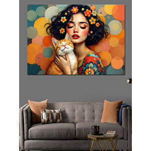Çiçekli Kadın Ve Kedi Dekoratif Kanvas - Mdf Ahşap Tablo 100x140 cm