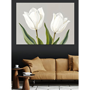 Beyaz Lale Çiçekleri Dekoratif Kanvas - Mdf Ahşap Tablo 50x70 cm