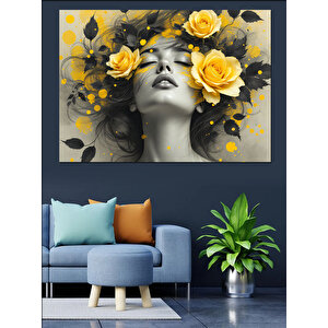 Sarı Çiçekli Kadın Portresi Dekoratif Kanvas - Mdf Ahşap Tablo 35x50 cm