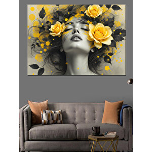 Sarı Çiçekli Kadın Portresi Dekoratif Kanvas - Mdf Ahşap Tablo 35x50 cm
