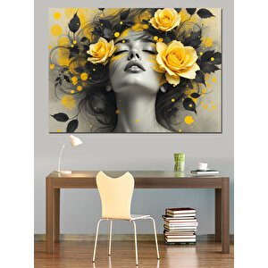 Sarı Çiçekli Kadın Portresi Dekoratif Kanvas - Mdf Ahşap Tablo 35x50 cm