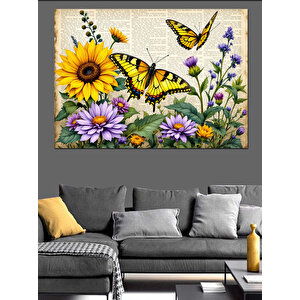 Çiçekler Ve Sarı Kelebekler Dekoratif Kanvas - Mdf Ahşap Tablo