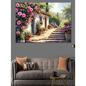 Çiçekli Taşlı Sokak Dekoratif Kanvas - Mdf Ahşap Tablo 70x100 cm