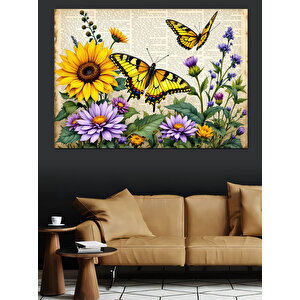Çiçekler Ve Sarı Kelebekler Dekoratif Kanvas - Mdf Ahşap Tablo 70x100 cm