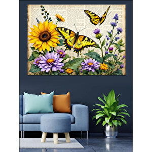 Çiçekler Ve Sarı Kelebekler Dekoratif Kanvas - Mdf Ahşap Tablo 70x100 cm
