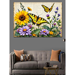 Çiçekler Ve Sarı Kelebekler Dekoratif Kanvas - Mdf Ahşap Tablo 70x100 cm