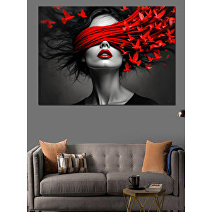 Kırmızı Kelebekli Kadın Portresi Dekoratif Kanvas - Mdf Ahşap Tablo 70x100 cm