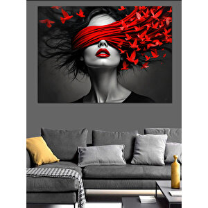 Kırmızı Kelebekli Kadın Portresi Dekoratif Kanvas - Mdf Ahşap Tablo 70x100 cm