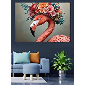 Tropikal Çiçekli Zarif Flamingo Dekoratif Kanvas - Mdf Ahşap Tablo 35x50 cm