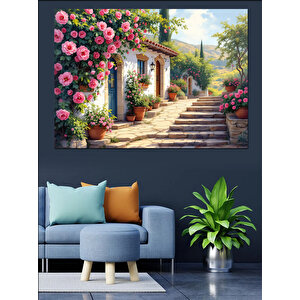 Çiçekli Taşlı Sokak Dekoratif Kanvas - Mdf Ahşap Tablo 50x70 cm