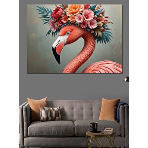 Tropikal Çiçekli Zarif Flamingo Dekoratif Kanvas - Mdf Ahşap Tablo 100x140 cm
