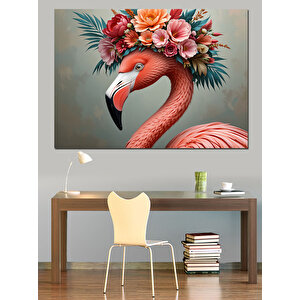 Tropikal Çiçekli Zarif Flamingo Dekoratif Kanvas - Mdf Ahşap Tablo 100x140 cm