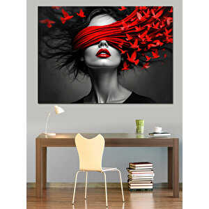Kırmızı Kelebekli Kadın Portresi Dekoratif Kanvas - Mdf Ahşap Tablo 100x140 cm