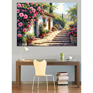 Çiçekli Taşlı Sokak Dekoratif Kanvas - Mdf Ahşap Tablo 100x140 cm