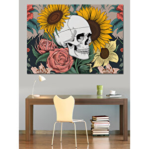 Çiçekli Kafatası Dekoratif Kanvas - Mdf Ahşap Tablo 100x140 cm