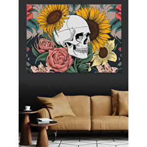 Çiçekli Kafatası Dekoratif Kanvas - Mdf Ahşap Tablo 100x140 cm