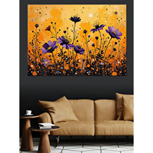 Sarı Fondaki Mor Çiçekler Dekoratif Kanvas - Mdf Ahşap Tablo 70x100 cm