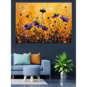 Sarı Fondaki Mor Çiçekler Dekoratif Kanvas - Mdf Ahşap Tablo 70x100 cm