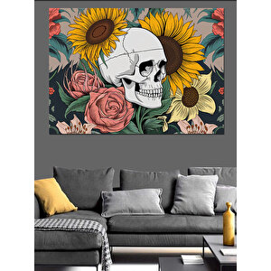 Çiçekli Kafatası Dekoratif Kanvas - Mdf Ahşap Tablo 35x50 cm