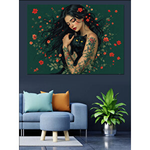 Çiçeklerle Kaplanmış Kadın Ve Kedi Dekoratif Kanvas - Mdf Ahşap Tablo 50x70 cm