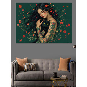 Çiçeklerle Kaplanmış Kadın Ve Kedi Dekoratif Kanvas - Mdf Ahşap Tablo 50x70 cm