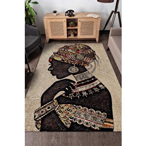 Afrikalı Kadın Minimal Salon Halısı Etnik Desenli Halı Bej Renkli Oturma Odası Halısı 120x180 cm