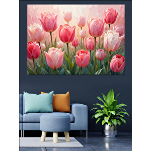 Renkli Lale Bahçesi Görseli Dekoratif Kanvas - Mdf Ahşap Tablo 100x140 cm