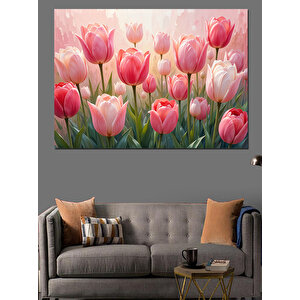 Renkli Lale Bahçesi Görseli Dekoratif Kanvas - Mdf Ahşap Tablo 100x140 cm