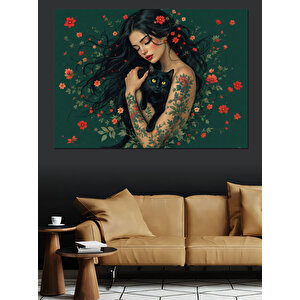 Çiçeklerle Kaplanmış Kadın Ve Kedi Dekoratif Kanvas - Mdf Ahşap Tablo 70x100 cm