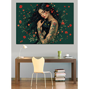 Çiçeklerle Kaplanmış Kadın Ve Kedi Dekoratif Kanvas - Mdf Ahşap Tablo
