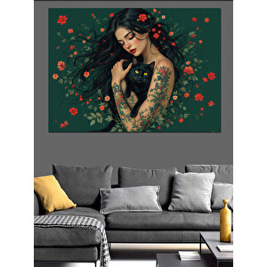 Çiçeklerle Kaplanmış Kadın Ve Kedi Dekoratif Kanvas - Mdf Ahşap Tablo
