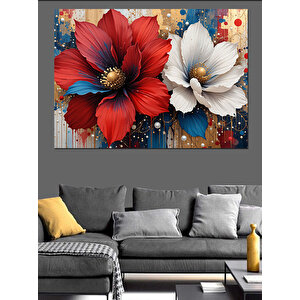 Beyaz Kırmızı Çiçek Deseni Dekoratif Kanvas - Mdf Ahşap Tablo 50x70 cm