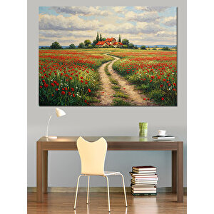 Kırmızı Çiçekli Yol Manzarası Dekoratif Kanvas - Mdf Ahşap Tablo 70x100 cm