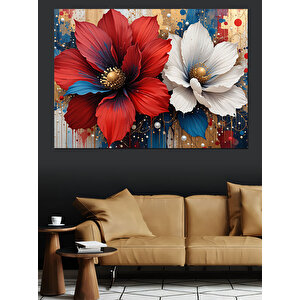 Beyaz Kırmızı Çiçek Deseni Dekoratif Kanvas - Mdf Ahşap Tablo 25x35 cm