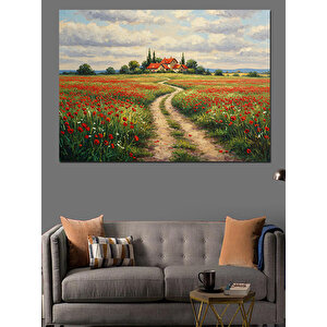 Kırmızı Çiçekli Yol Manzarası Dekoratif Kanvas - Mdf Ahşap Tablo 100x140 cm