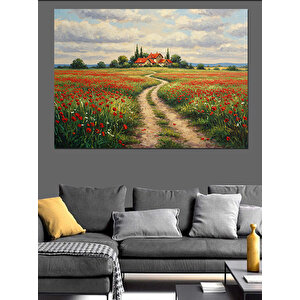 Kırmızı Çiçekli Yol Manzarası Dekoratif Kanvas - Mdf Ahşap Tablo 100x140 cm