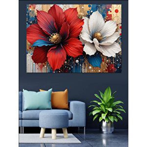Beyaz Kırmızı Çiçek Deseni Dekoratif Kanvas - Mdf Ahşap Tablo 70x100 cm