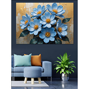 Mavi Çiçekli Duvar Deseni Dekoratif Kanvas - Mdf Ahşap Tablo 100x140 cm