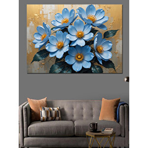 Mavi Çiçekli Duvar Deseni Dekoratif Kanvas - Mdf Ahşap Tablo