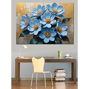 Mavi Çiçekli Duvar Deseni Dekoratif Kanvas - Mdf Ahşap Tablo