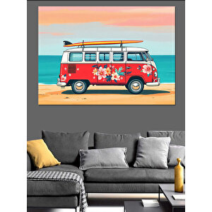 Çiçek Desenli Retro Vosvos Minibüs Dekoratif Kanvas - Mdf Ahşap Tablo 25x35 cm
