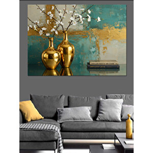 Altın Vazoda Beyaz Çiçekler Dekoratif Kanvas - Mdf Ahşap Tablo 70x100 cm